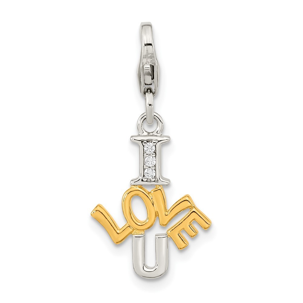 Sterling Silver & Gold-Plated Polished Cz I Love U Bracelet Charm Lobster Clasp